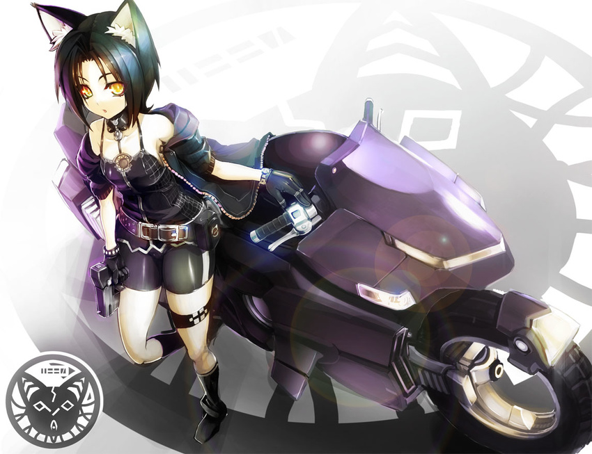 animal_ears bad_id bad_pixiv_id bare_shoulders belt bike_shorts black_hair cat_ears collar ground_vehicle gun jacket motor_vehicle motorcycle ookuma_(nitroplus) original solo weapon yellow_eyes