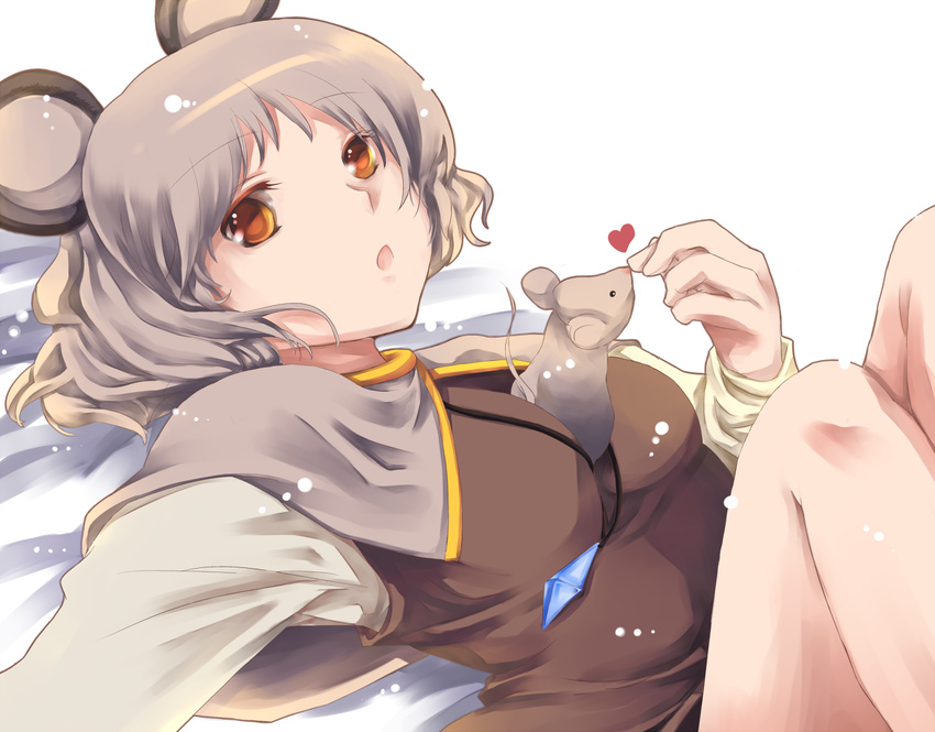 animal animal_between_breasts animal_ears atoki between_breasts breasts brown_eyes capelet grey_hair heart jewelry lying medium_breasts mouse mouse_ears nazrin pendant short_hair solo touhou
