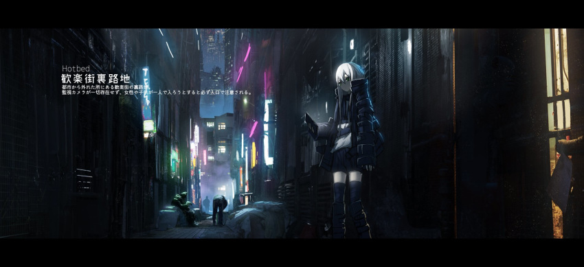 1girl 3others alley asuteroid black_footwear black_jacket black_legwear black_shorts boots building cityscape commentary dark green_eyes highres holding holding_phone iz_(asuteroid) jacket lights long_hair long_sleeves multiple_others neon_lights night open_clothes open_jacket original outdoors phone scenery shirt shorts skyscraper sleeves_past_wrists solo_focus standing thighhighs very_long_hair white_hair white_shirt wide_shot window