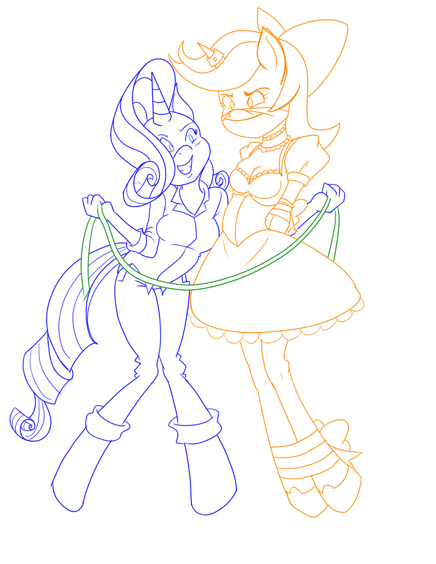 2015 anthro anthrofied bound bow cleavage clothed clothing dress duo equine fan_character female friendship_is_magic gag horn mammal monochrome my_little_pony rarity_(mlp) ring rope rope_bondage ryuseihikari tape_measure unicorn