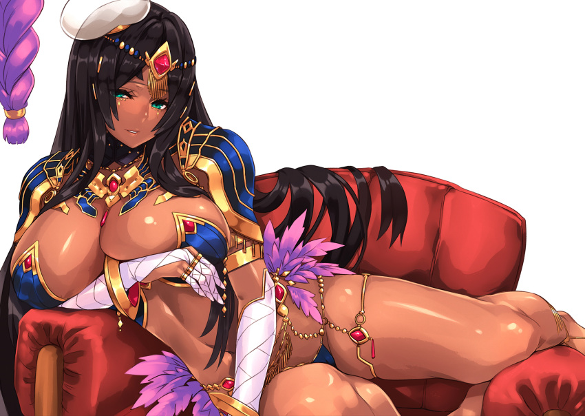 1girl aqua_eyes arm_wrap armlet armor bandage bandaged_arm bandages bangs bikini_armor black_hair blue_armor blush breastplate breasts circlet cleavage commentary_request couch curvy dark_skin fate/grand_order fate_(series) feathers forehead_jewel hat hayama_kazusa highres large_breasts legs long_hair looking_at_viewer navel parted_bangs parted_lips pauldrons scheherazade_(fate/grand_order) simple_background smile solo thighs very_long_hair white_background