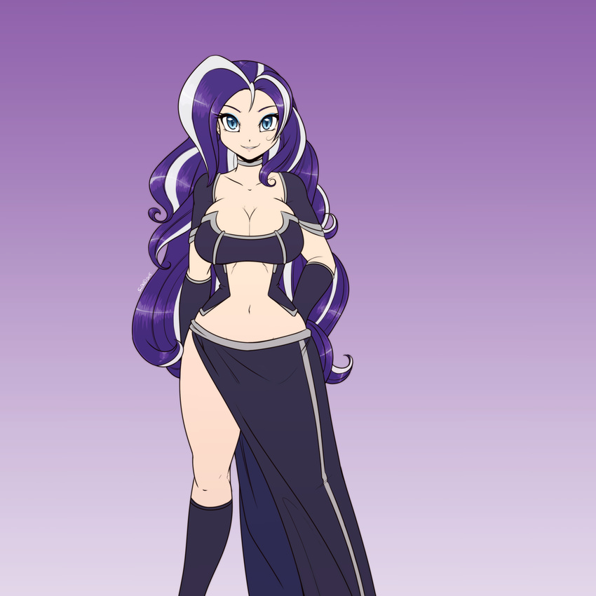 2015 big_breasts blue_eyes breasts cleavage clothed clothing elbow_gloves female gloves hair hi_res human humanized legwear long_hair looking_at_viewer makeup mammal my_little_pony navel nightmare_rarity_(idw) purple_hair scorpdk smile solo standing stockings white_hair wide_hips