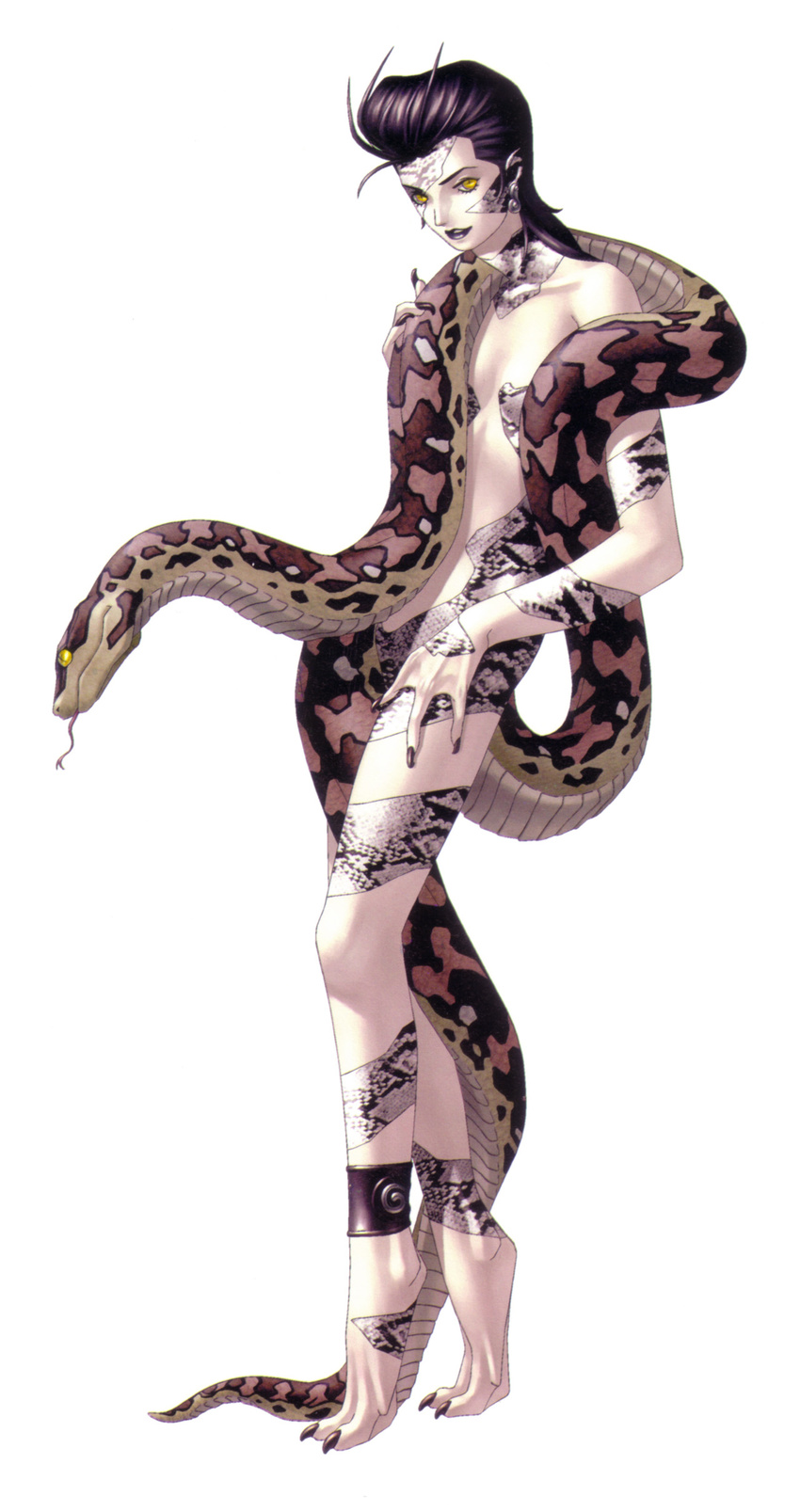 black_hair black_lipstick lilith lilith_(megami_tensei) lips lipstick looking_at_viewer makeup official_art shin_megami_tensei simple_background snake yellow_eyes
