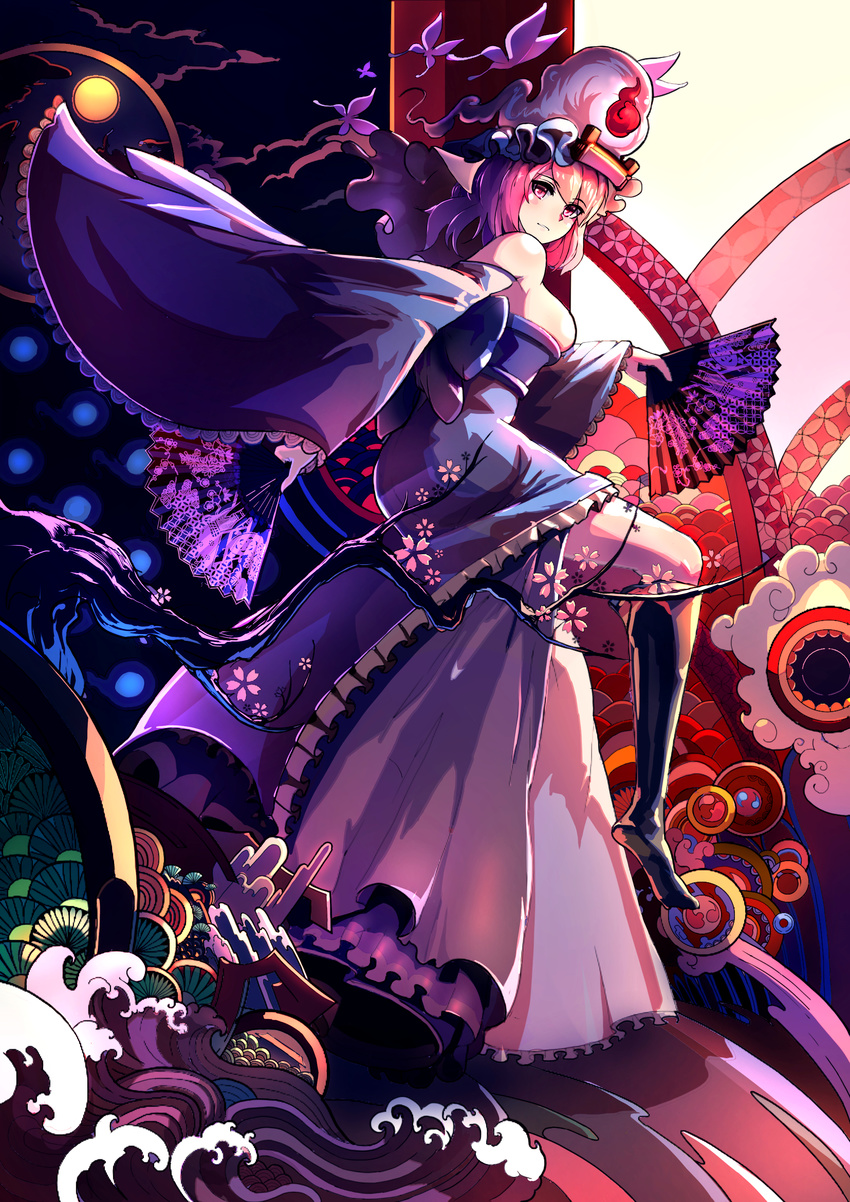 absurdres adapted_costume alternate_headwear ass bare_shoulders black_legwear blue_dress blush breasts bug butterfly cherry_blossoms cleavage cloud detached_sleeves dress dual_wielding egasumi expressionless fan folding_fan frilled_dress frilled_sleeves frills full_moon goshoguruma highres hitodama holding insect janyhero japanese_clothes jpeg_artifacts kikumon kneehighs light looking_at_viewer looking_to_the_side md5_mismatch medium_breasts moon night night_sky obi pink_eyes pink_hair saigyouji_yuyuko saigyouji_yuyuko's_fan_design sash seigaiha shippou_(pattern) short_hair skindentation sky solo spirit strapless strapless_dress thighs touhou tree_branch veil waves wide_sleeves wind