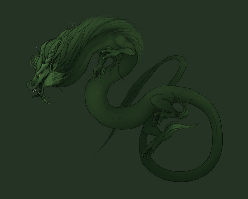 2014 ambiguous_gender chinese_dragon claws detts dragon feral fur green_background green_eyes green_fur green_skin horn open_mouth plain_background teeth tongue