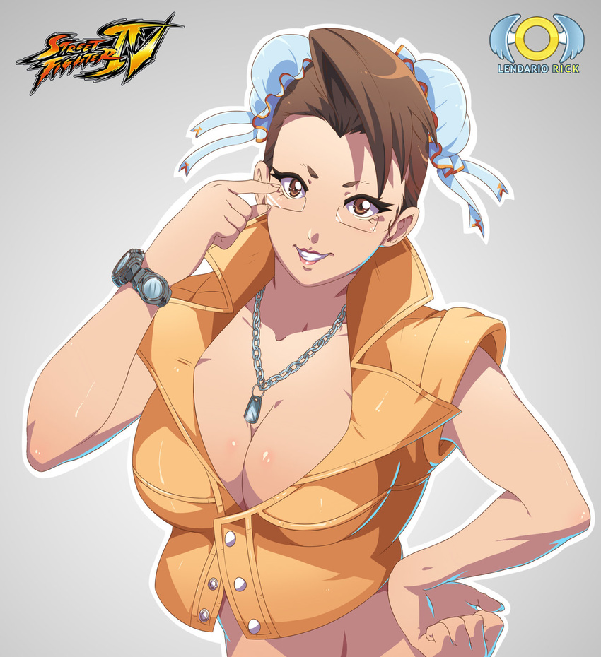 artist_name breasts brown_eyes brown_hair bun_cover charlie_nash charlie_nash_(cosplay) chun-li cleavage copyright_name cosplay dog_tags double_bun error glasses hand_on_hip highres large_breasts lendario_rick lips midriff orange_shirt rimless_eyewear shirt solo street_fighter street_fighter_iv_(series) upper_body vest watch wristwatch