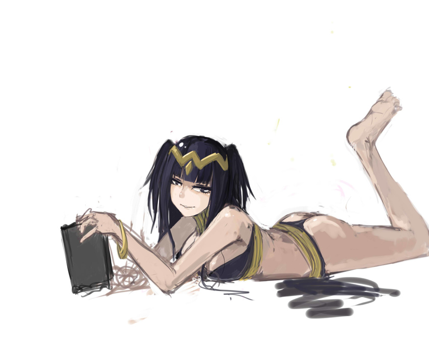 ass bangle bangs barefoot bikini black_hair blunt_bangs book bracelet breasts fire_emblem fire_emblem:_kakusei g-string highres jewelry large_breasts light_smile long_hair looking_at_viewer lying on_stomach open_book panties panties_(pantsu-pirate) solo swimsuit tharja thong tiara two_side_up underwear