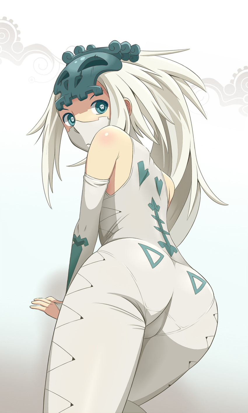 all_fours aqua_eyes ass bare_shoulders bibido body_blush breasts bridal_gauntlets face_mask from_behind frown hair_ornament high_ponytail highres long_hair looking_at_viewer looking_back mask pantylines ponytail sidelocks skull-shaped_pupils skull_hair_ornament small_breasts solo sram symbol-shaped_pupils unitard wakfu white_hair