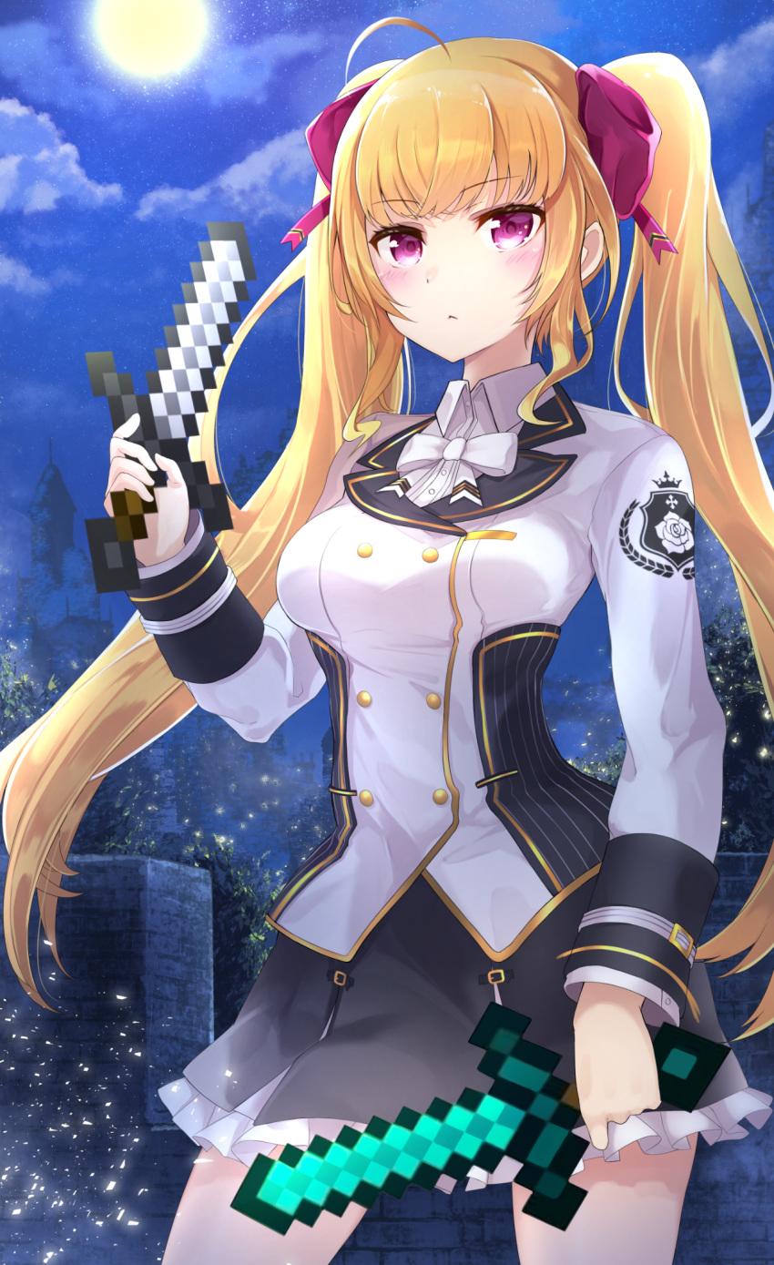 1girl :&lt; ahoge bangs black_skirt blazer blonde_hair bow breasts closed_mouth cloud cloudy_sky collared_shirt commentary_request date_(mamanonamaebot) dress_shirt dual_wielding eyebrows_visible_through_hair frilled_skirt frills full_moon hair_bow hand_up highres holding holding_sword holding_weapon jacket large_breasts long_hair long_sleeves minecraft moon night night_sky nijisanji outdoors pixelated pleated_skirt purple_eyes red_bow shirt sidelocks skirt sky solo star_(sky) starry_sky sword takamiya_rion tree twintails very_long_hair virtual_youtuber weapon white_bow white_jacket white_shirt