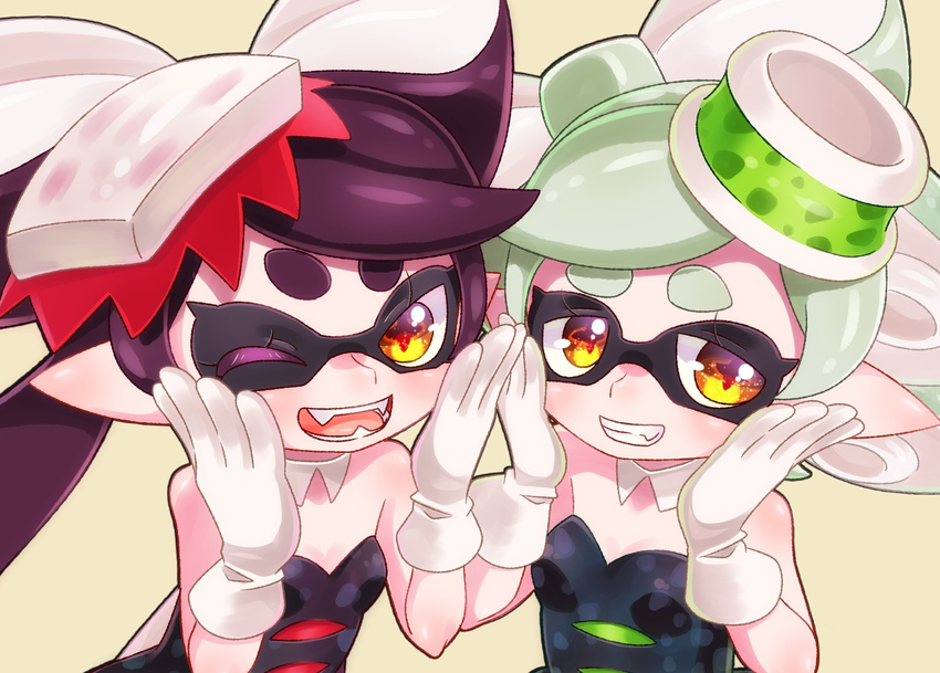 ;d aori_(splatoon) black_hair cousins detached_collar fangs food food_on_head gloves green_hair grin hands_on_own_face highres hotaru_(splatoon) long_hair mole mole_under_eye multiple_girls object_on_head one_eye_closed open_mouth orange_eyes short_hair smile splatoon_(series) splatoon_1 sushi white_gloves yupiteru