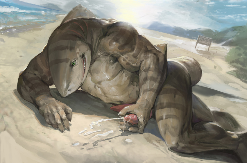 abs anthro balls beach biceps claws cum diphallism erection fish flexing green_eyes hi_res jiandou looking_at_viewer lying male marine masturbation multi_penis muscles nude on_ground orgasm pecs penis seaside shark sharp_teeth smile smirk solo teeth