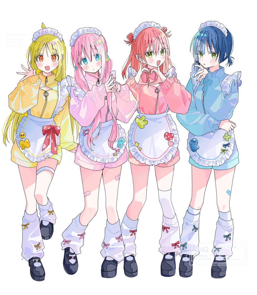 4girls apron blonde_hair blue_eyes blue_hair blue_nails blush bocchi_the_rock! breasts commentary_request cube_hair_ornament fingernails gotoh_hitori green_eyes hair_ornament heart heart_hands highres ijichi_nijika kita_ikuyo long_hair looking_at_viewer maid maid_apron maid_headdress medium_hair multiple_girls orange_eyes pink_hair pink_nails red_hair red_nails ribbon short_hair small_breasts smile socks sutera_sea waving yamada_ryo yellow_eyes
