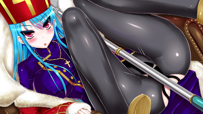 1girl ass blue_hair blush breasts chastity_belt coat cross cross_necklace dragon_quest dragon_quest_iii hat highres huge_breasts legs legs_up long_hair looking_at_viewer lying on_back pantyhose pink_eyes priest_(dq3) solo thighs throne tongue tongue_out torn_pantyhose trubka