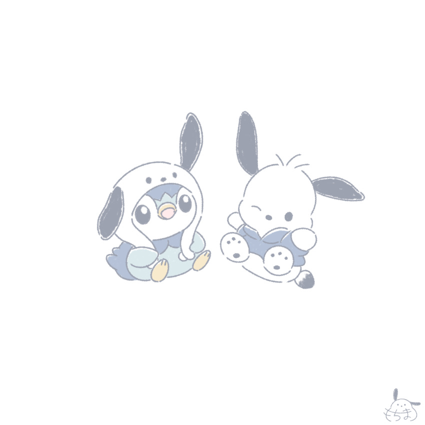 animal_focus character_hat commentary_request crossover full_body highres mochimaro_(infj_oekaki) no_humans one_eye_closed open_mouth piplup pochacco pokemon pokemon_(creature) sanrio shirt signature simple_background solid_oval_eyes white_background