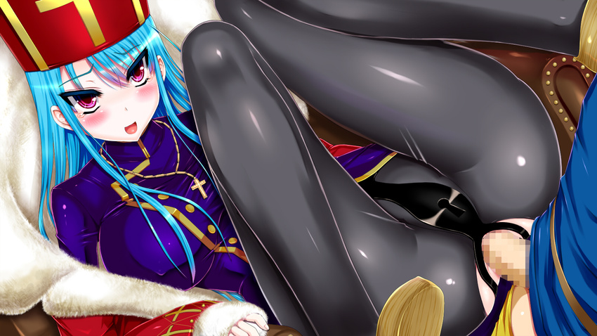 1girl anal anus ass blue_hair blush breasts censored chastity_belt coat cross cross_necklace dragon_quest dragon_quest_iii hat highres huge_breasts legs long_hair looking_at_viewer lying mosaic_censoring on_back pantyhose penis pink_eyes priest_(dq3) sex smile solo_focus tears thighs throne torn_pantyhose trubka