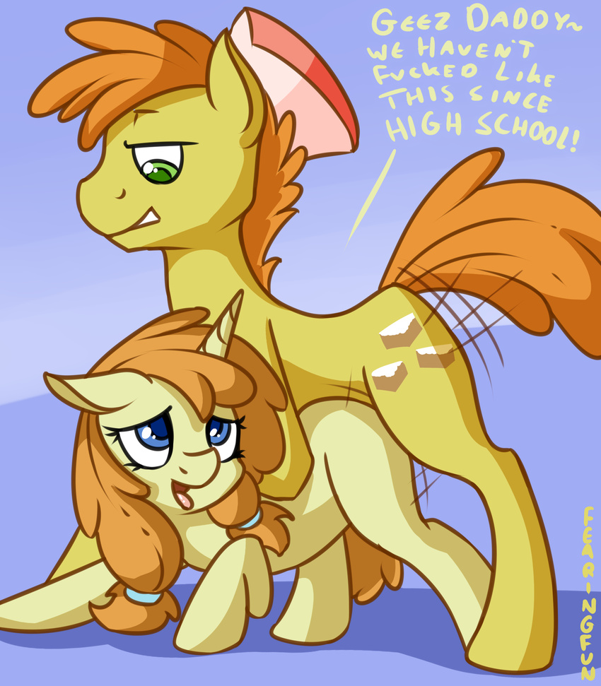 2015 blue_eyes cutie_mark daughter dialogue duo earth_pony english_text equine father father_and_daughter fearingfun female feral friendship_is_magic green_eyes hair hat hi_res horn horse incest long_hair male male/female mammal mr_cake_(mlp) my_little_pony open_mouth orange_hair parent pony pumpkin_cake_(mlp) sex text thrusting unicorn