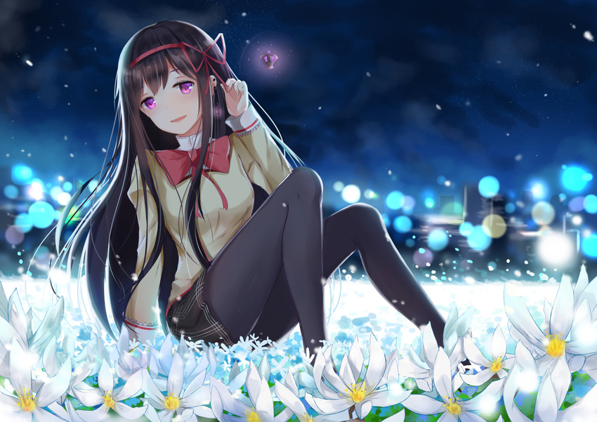 akemi_homura bad_id bad_pixiv_id black_hair dark_orb_(madoka_magica) flower hair_ribbon hairband jewelry konka long_hair mahou_shoujo_madoka_magica mahou_shoujo_madoka_magica_movie night pantyhose purple_eyes red_hairband ribbon single_earring smile solo