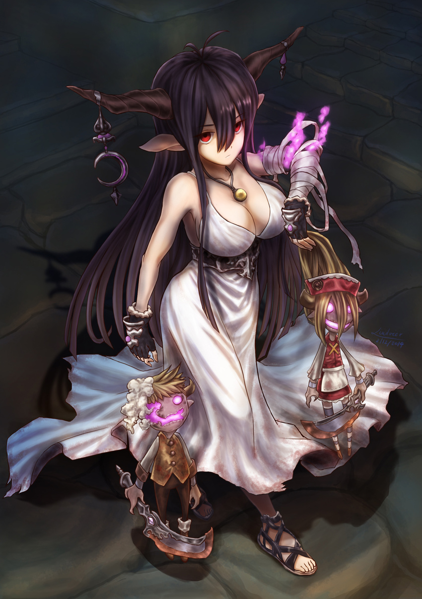 antenna_hair bandaged_arm bandages bangs bare_shoulders belt black_hair breasts cleavage cleaver commentary crescent danua doll draph dress expressionless fingerless_gloves from_above gloves glowing glowing_eyes glowing_mouth granblue_fantasy gretel_(granblue_fantasy) hair_between_eyes hansel_(granblue_fantasy) highres horns jewelry large_breasts legendpoon long_hair looking_away magic necklace pendant pointy_ears red_eyes sandals sleeveless sleeveless_dress solo spaghetti_strap stone_floor stuffed_toy toes very_long_hair walking white_dress
