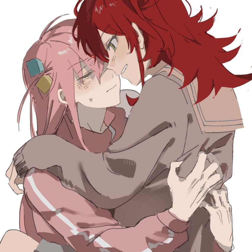 2girls blush bocchi_the_rock! brown_shirt closed_eyes cube_hair_ornament face-to-face gotoh_hitori hair_ornament hand_on_another's_back highres hug jacket kita_ikuyo lingyi long_hair multiple_girls one_side_up pink_hair pink_track_suit red_hair school_uniform shirt shuka_high_school_uniform side_ahoge side_ponytail simple_background smile sweatdrop teeth track_jacket track_suit white_background yellow_eyes yuri