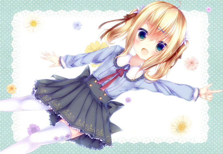 arm_up ayatan-kiri blonde_hair blue_eyes child fang highres open_mouth original pointing ribbon shirt skirt smile solo thighhighs twintails two_side_up