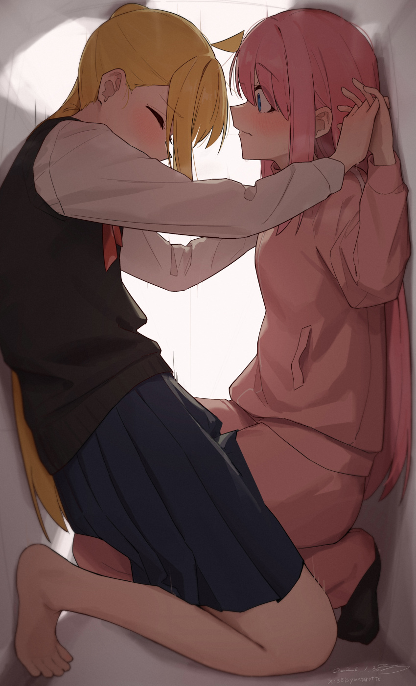 2girls absurdres ahoge blonde_hair blue_eyes blue_skirt bocchi_the_rock! closed_eyes commentary_request frottage gotoh_hitori highres ijichi_nijika jacket legs long_hair long_sleeves looking_at_another motion_lines multiple_girls pink_hair pink_jacket pleated_skirt seisyuntarotto shirt side_ponytail skirt thighs toes track_jacket white_shirt white_sleeves yuri