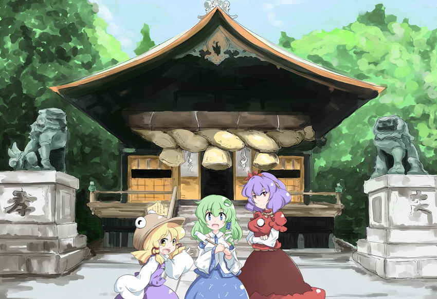 architecture blonde_hair blue_eyes blue_sky breasts crossed_arms day detached_sleeves dress east_asian_architecture eyebrows_visible_through_hair frog_hair_ornament gohei green_hair hair_ornament hair_tubes hat kikurage_(sugi222) kochiya_sanae komainu lavender_hair leaf_hair_ornament looking_at_viewer medium_breasts moriya_shrine moriya_suwako multiple_girls open_mouth outdoors red_eyes rope shide shimenawa skirt skirt_set sky sleeves_past_wrists smile snake_hair_ornament stairs touhou tree veranda yasaka_kanako yellow_eyes