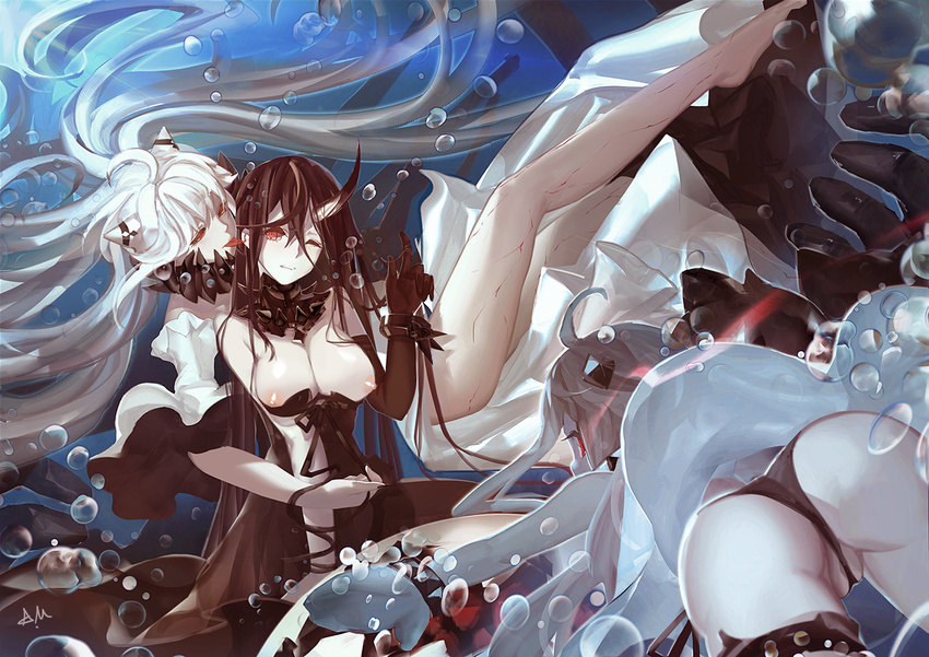 air_bubble ass bad_id bad_pixiv_id bangs battleship_water_oni black_hair black_panties bleeding blood breasts bubble crossed_bangs cuts dress ear_licking elbow_gloves gloves horn i.a.m.genesic injury kantai_collection large_breasts licking long_hair looking_back midway_hime multiple_girls nipples northern_ocean_hime panties red_eyes revision shinkaisei-kan strapless strapless_dress submerged tongue underwater underwear very_long_hair white_hair yuri