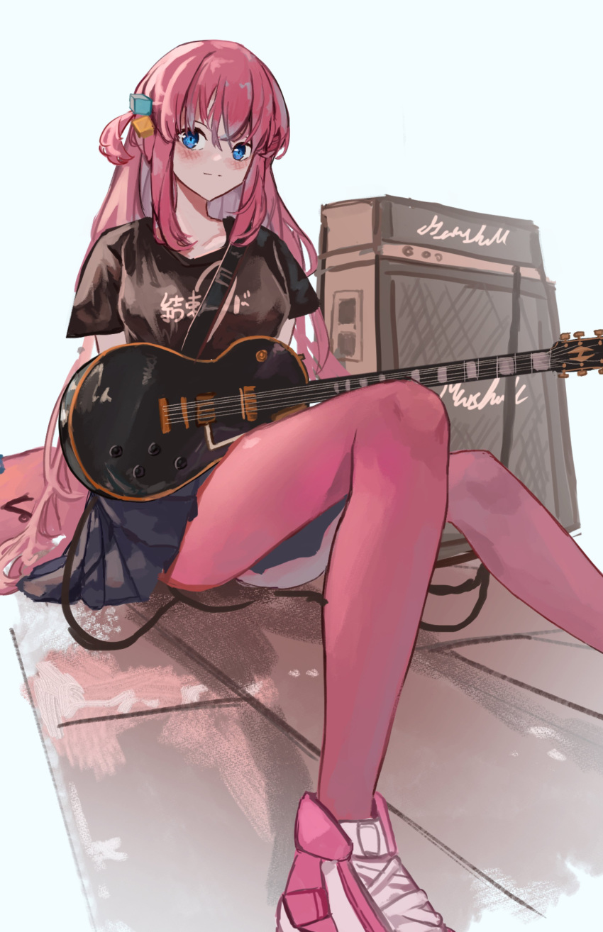 1girl absurdres amplifier black_shirt black_skirt blue_eyes blush bocchi_the_rock! cable commentary_request cube_hair_ornament dice_hair_ornament electric_guitar foot_out_of_frame gibson_les_paul gotoh_hitori guitar guitar_strap hair_between_eyes hair_ornament highres holding holding_guitar holding_instrument instrument kessoku_band_t-shirt knees_up long_hair looking_at_viewer on_floor pantyhose pink_hair pink_pantyhose pink_shoes pleated_skirt shirt shoes sidelocks simple_background sitting skirt solo vanilla_flan very_long_hair white_background wire