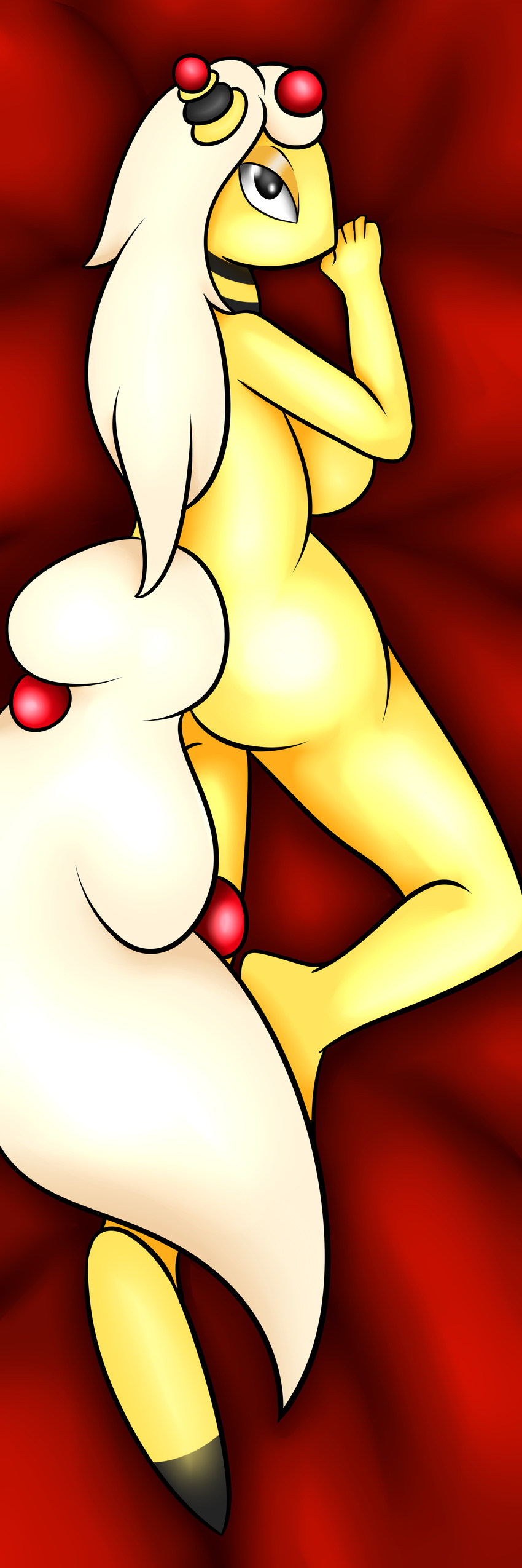 ampharos anthro bed big_breasts breasts dakimakura female hair hi_res looking_at_viewer lying nintendo on_bed pok&eacute;mon quin-nsfw solo video_games white_hair