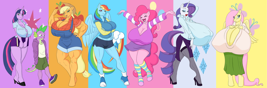 absurd_res anthro applejack_(mlp) big_breasts breasts cleavage clothed clothing dnltiger04 dragon earth_pony equine erect_nipples female fluttershy_(mlp) friendship_is_magic hi_res horn horse huge_breasts hyper hyper_breasts male mammal marauder6272 my_little_pony nipples pegasus pinkie_pie_(mlp) pony rainbow_dash_(mlp) rarity_(mlp) spike_(mlp) twilight_sparkle_(mlp) unicorn wings