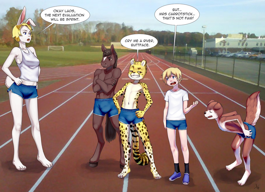 2015 anthro aogami canine cheetah clothed clothing cub dog equine feline female fur half-dressed hi_res horse human lagomorph male mammal muscles rabbit school smile sports standing text young