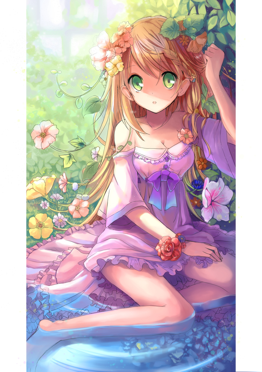 :o absurdres bare_shoulders barefoot blonde_hair braid breasts cleavage flower green_eyes hair_flower hair_ornament highres long_hair medium_breasts okemai original partially_submerged sitting solo water yokozuwari