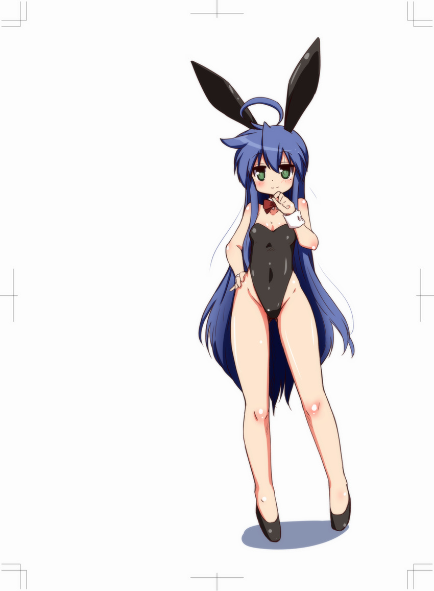 animal_ears bare_legs blue_hair bow bowtie bunny_ears bunnysuit detached_collar green_eyes groin hand_on_hip highleg highleg_leotard highres izumi_konata leotard long_hair lucky_star mizushima_(p201112) mole mole_under_eye no_socks standing strapless tail trim_marks very_long_hair wrist_cuffs