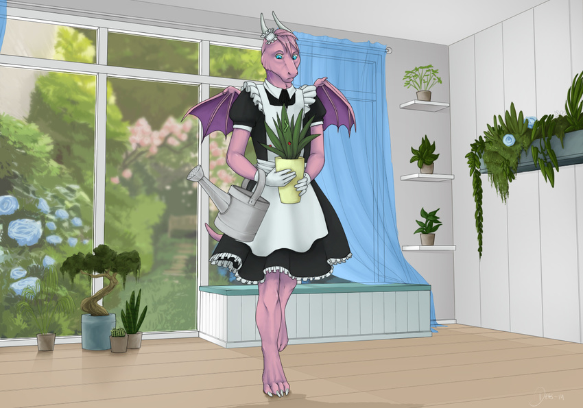 2014 ambiguous_gender blue_eyes bonsai_tree claws clothed clothing curtains detts dragon dress flower fur gloves looking_down maid_uniform pink_fur plant solo standing tree watering_can window