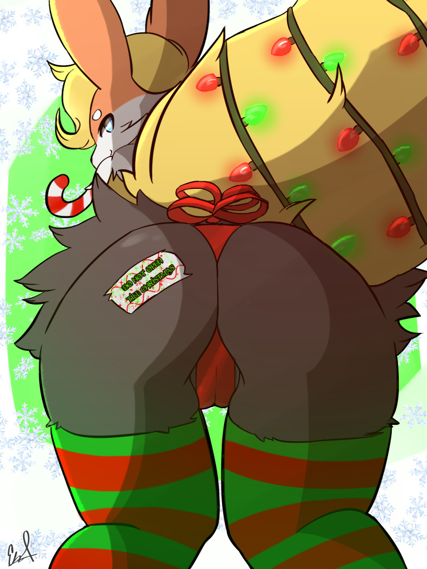 big_butt black_eyes blaketheflareon blaketheflareon_(character) braixen butt camel_toe candy candy_cane canine christmas digital_media_(artwork) eeveelution fak&eacute;mon fan_character flareon food holidays hybrid light looking_at_viewer looking_back mammal nintendo pok&eacute;mon pok&eacute;mon_(species) solo video_games wrapping