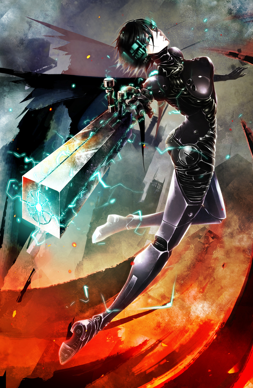 1girl abstract_background arched_back arm_cannon ass black_hair blame! bodysuit breasts commentary cyborg facial_mark flying graviton_beam_emitter highres lightning pale_skin photoshop_(medium) safeguard_(blame!) sakuma_tsukasa sanakan science_fiction short_hair small_breasts weapon
