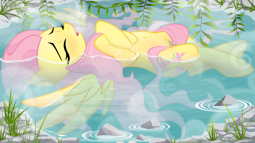 bathing cute equine fluttershy_(mlp) friendship_is_magic hair horse jungle mammal my_little_pony pink_hair reflection rock water