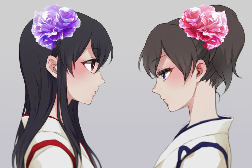 akagi_(kantai_collection) black_hair blue_eyes brown_hair flower hair_flower hair_ornament highres japanese_clothes kaga_(kantai_collection) kantai_collection lips long_hair mironomeo multiple_girls profile red_eyes short_hair side_ponytail