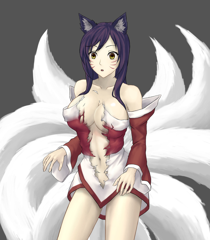 ahri animal_ears bare_shoulders black_hair breasts cleavage facial_mark fox_ears fox_girl fox_tail highres korean_clothes large_breasts league_of_legends mr_yah multiple_tails navel open_mouth solo surprised tail tearing_clothes torn_clothes wardrobe_malfunction whisker_markings yellow_eyes