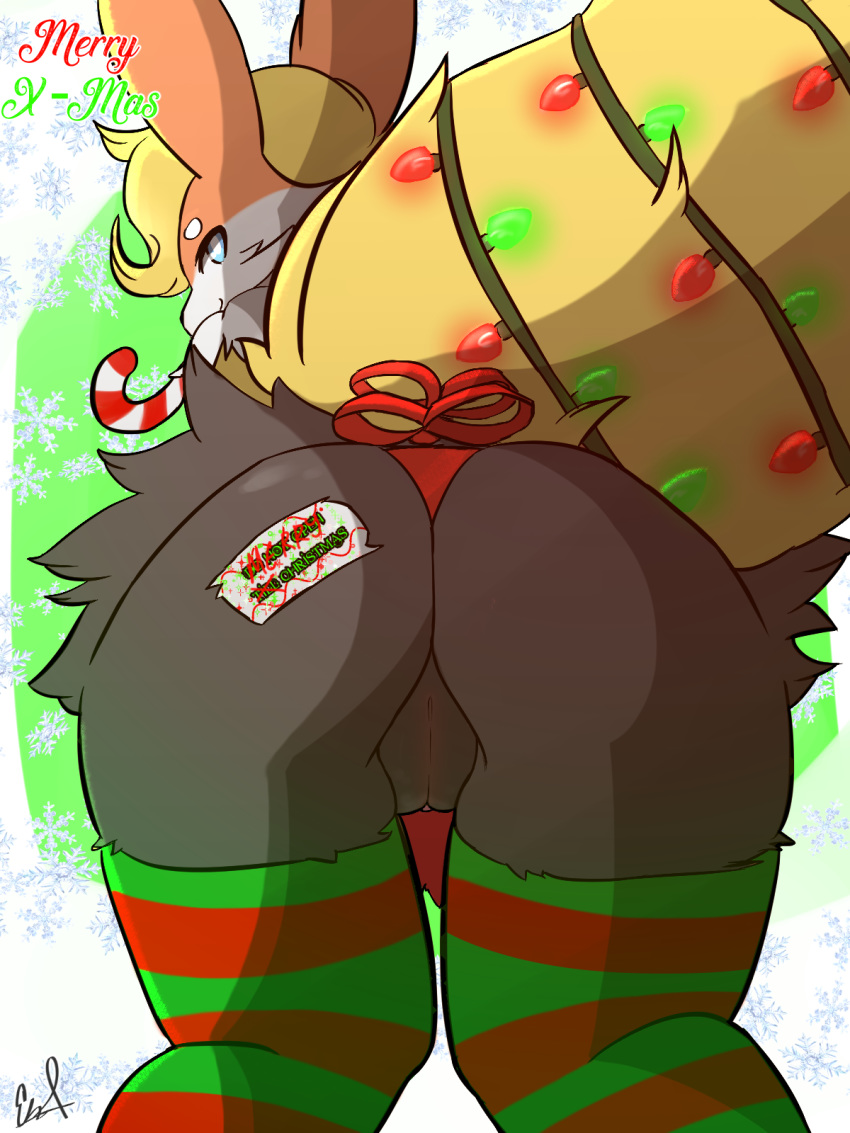 big_butt black_eyes blaketheflareon blaketheflareon_(character) braixen butt candy candy_cane canine christmas digital_media_(artwork) eeveelution fak&eacute;mon fan_character female flareon food holidays hybrid light looking_at_viewer looking_back mammal nintendo pok&eacute;mon pok&eacute;mon_(species) pussy signature solo video_games wrapping