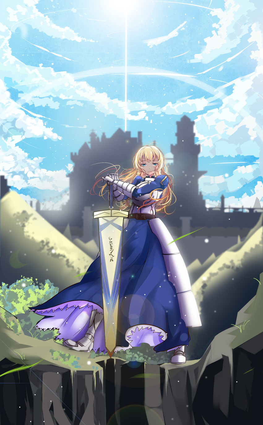 absurdres ahoge armor armored_dress artoria_pendragon_(all) avalon_(fate/stay_night) bad_id bad_pixiv_id blonde_hair castle dress excalibur fate/stay_night fate_(series) hair_down highres long_hair lucky_(1045044604) saber sheath sheathed solo sword weapon