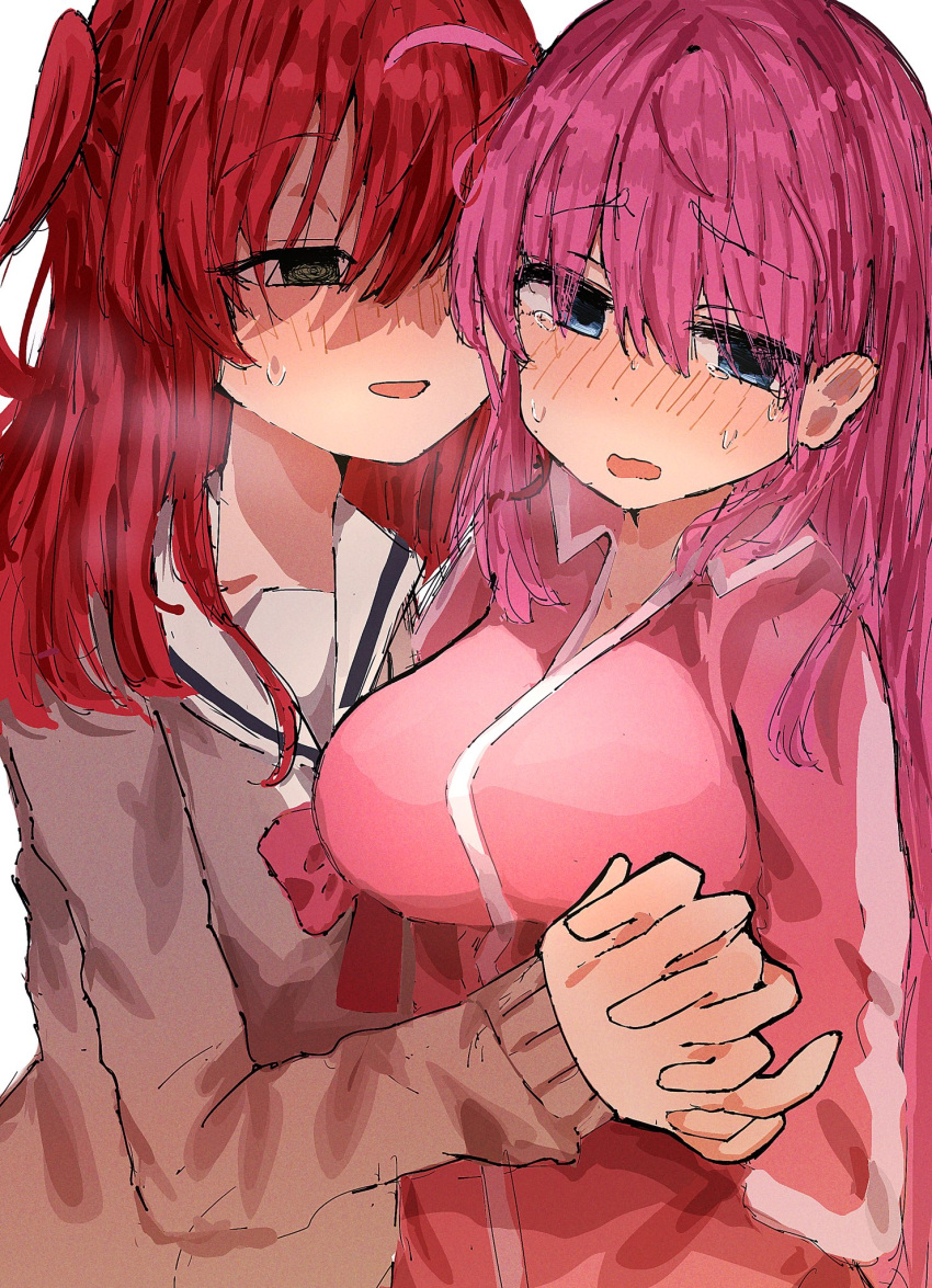 2girls @_@ blue_eyes blush bocchi_the_rock! bow bowtie breasts brown_sailor_collar brown_shirt commentary_request creepy_eyes ear_blush gotoh_hitori highres holding_hands jacket kita_ikuyo large_breasts multiple_girls namamugi2345 partially_shaded_face pink_hair pink_jacket pink_track_suit red_bow red_bowtie red_hair sailor_collar school_uniform shirt shuka_high_school_uniform side_ahoge simple_background sweat tearing_up track_jacket track_suit white_background yandere yuri