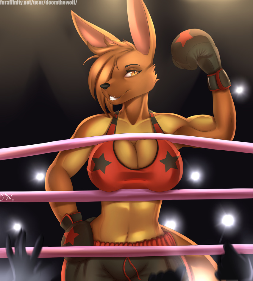 2015 absurd_res amber_eyes anthro boxing_gloves cleavage clothed clothing doomthewolf hi_res kangaroo mammal marsupial pants rope sports_bra