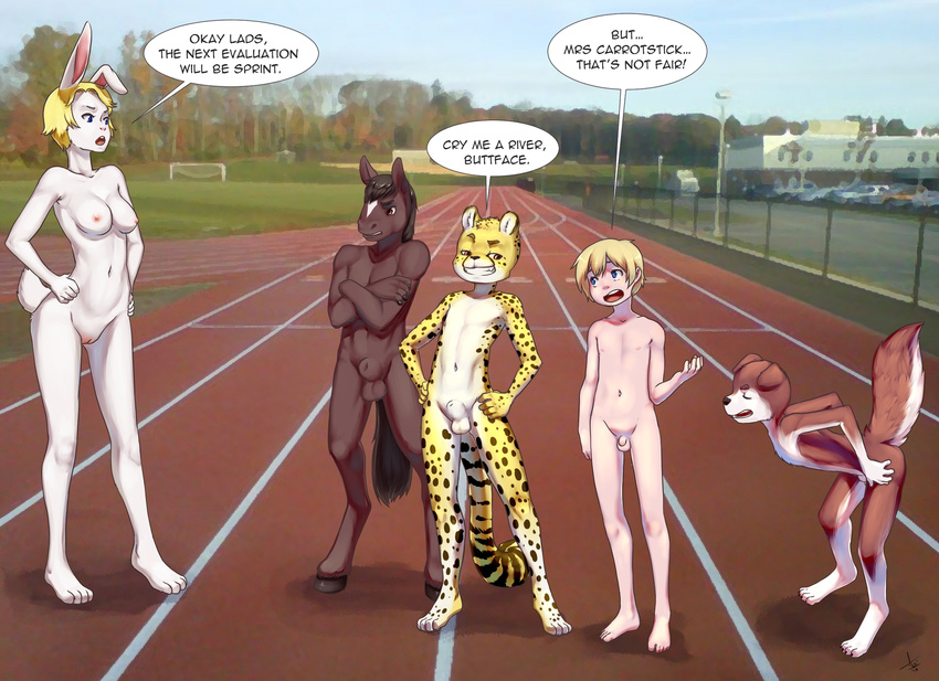 2015 anthro aogami balls breasts canine cheetah cub dog equine feline female fur hi_res horse human lagomorph male mammal muscles nipples nude penis pussy rabbit school smile sports standing young