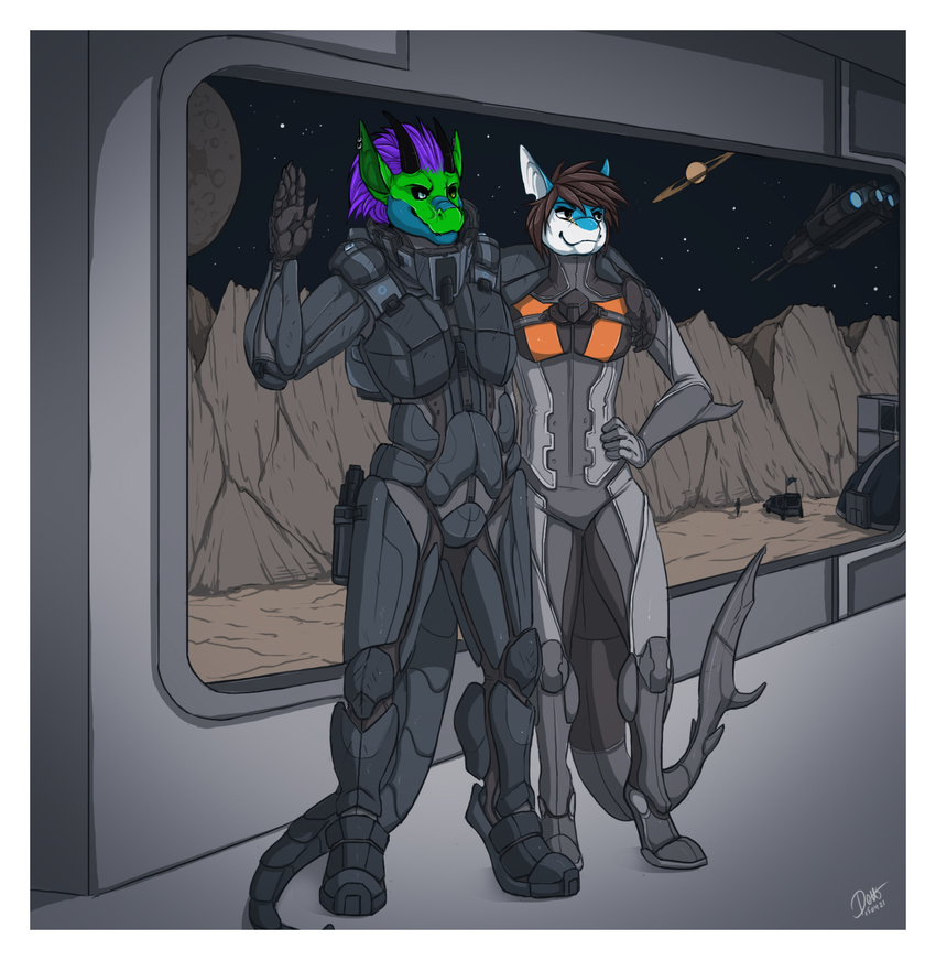 2015 anthro armor black_sclera brown_hair claws clothed clothing detts digitigrade dragon duo ear_piercing fish green_eyes gun hair horn male marine piercing planet purple_hair ranged_weapon shark smile space spacecraft star weapon window