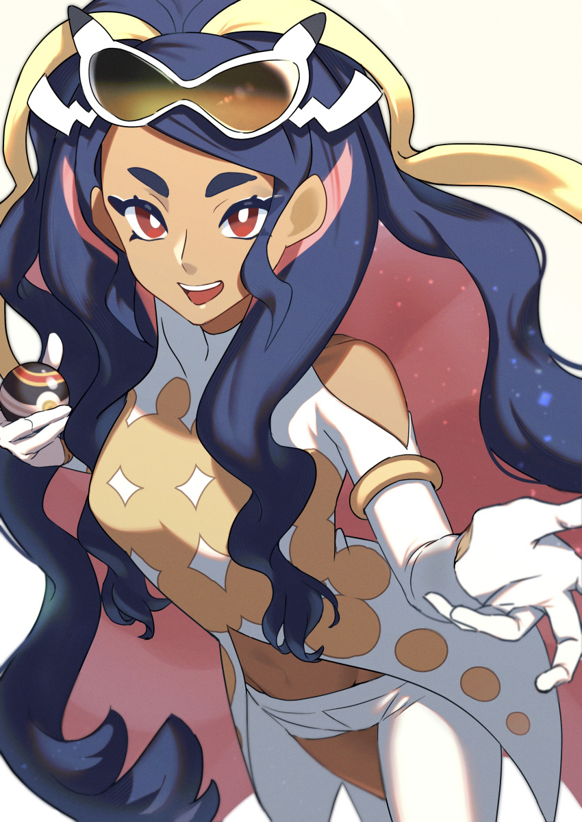 1girl absurdres asymmetrical_clothes asymmetrical_pants black_hair caraway_(pokemon) clothing_cutout colored_inner_hair commentary_request dark-skinned_female dark_skin eyewear_on_head gloves highres holding holding_poke_ball long_hair looking_at_viewer luxury_ball mal_to_mal midriff multicolored_hair navel off_shoulder open_mouth pants pink_hair poke_ball pokemon pokemon_champions red_eyes shoulder_cutout single_pantsleg smile solo sunglasses teeth tinted_eyewear two-tone_hair upper_teeth_only white_background white_gloves white_pants