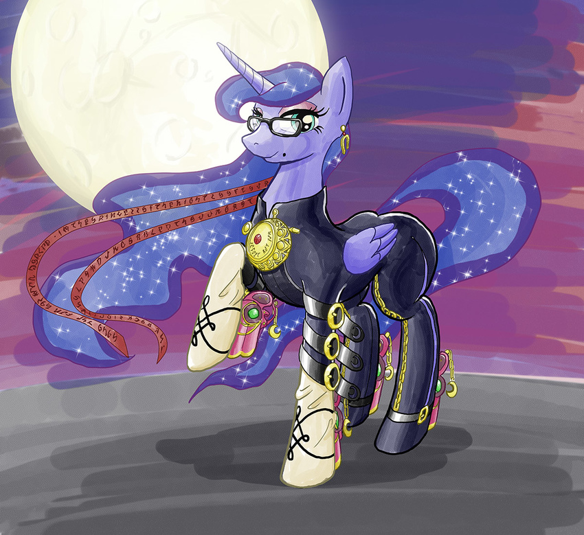 2012 bayonetta blue_eyes blue_feathers blue_fur blue_hair clothed clothing cloud ear_piercing equine eyewear feathers female feral friendship_is_magic fur glasses gun hair half-closed_eyes horn jewelry long_hair looking_at_viewer makeup mammal mole_(marking) moon muffinshire my_little_pony piercing princess_luna_(mlp) raised_leg ranged_weapon sky solo weapon winged_unicorn wings