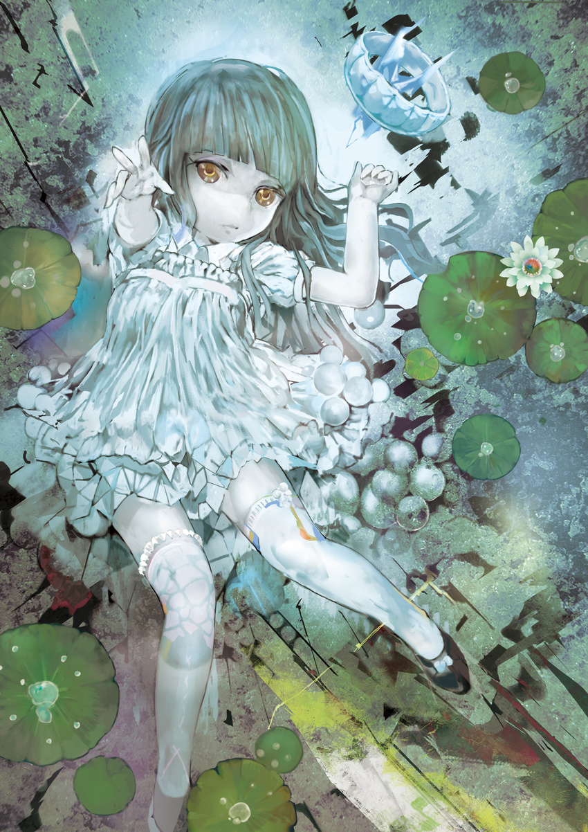 arm_up child commentary_request dress frilled_dress frills highres lily_pad lying muted_color on_back original pale_skin print_legwear puffy_sleeves reaching shoes short_sleeves solo sundress surreal thighhighs uturo white_legwear yellow_eyes