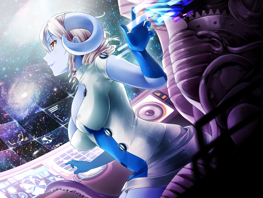alien blue_skin bodysuit breasts celeste_luvendass dutch_angle game_cg gloves highres horns huniepop large_breasts latex long_hair ninamo non-web_source orange_eyes skin_tight solo space space_craft tentacles white_hair