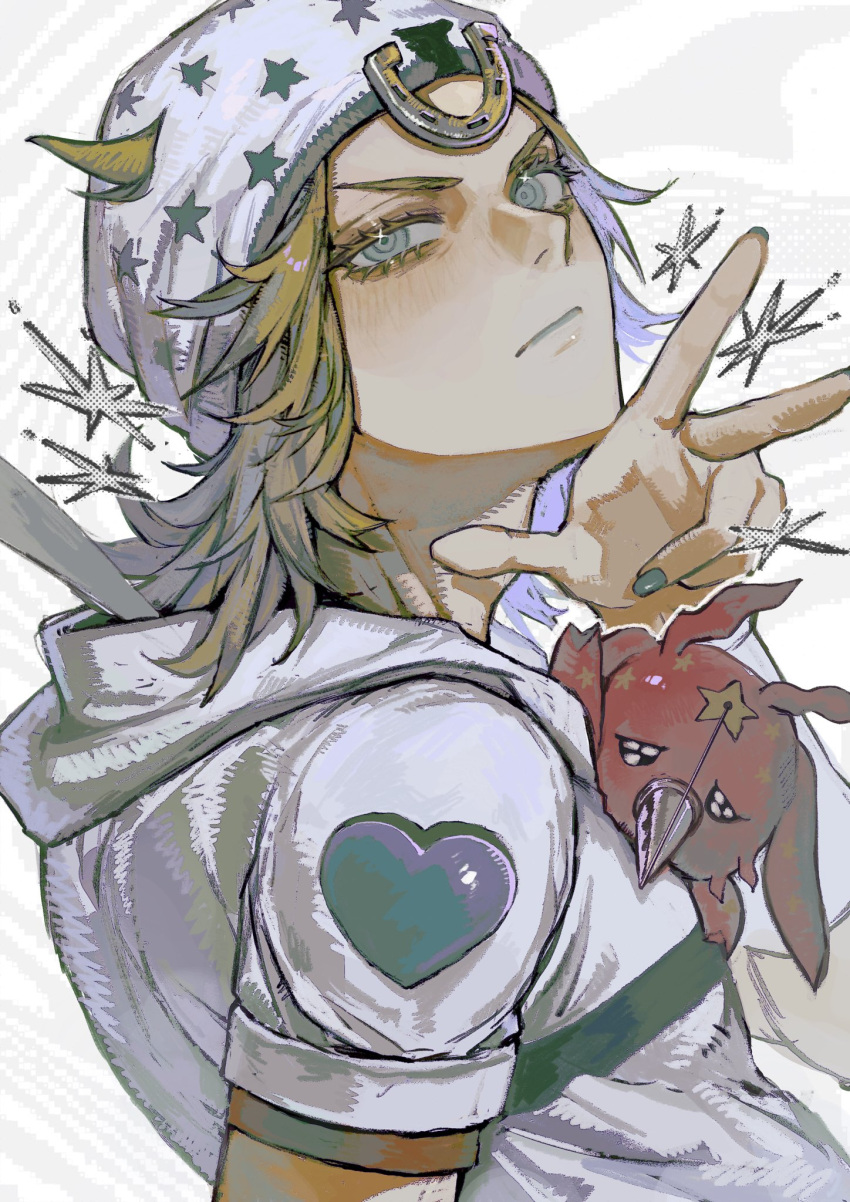 1boy adam's_apple blonde_hair blue_eyes blue_nails closed_mouth commentary_request hair_horns hat heart highres hooded_shirt horseshoe_ornament johnny_joestar jojo_no_kimyou_na_bouken male_focus medium_hair nail_polish neg_50asu shirt short_sleeves solo stand_(jojo) star_(symbol) steel_ball_run three-finger_salute tusk_(stand) tusk_act1 white_background white_hat white_shirt